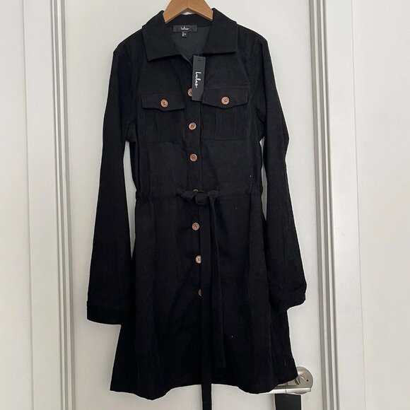 NWT Lulus Simple Affection Corduroy Mini Shirt Dress S Black Pockets Elegant - Picture 2 of 5